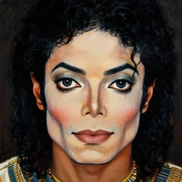a closer personal portrait of michael jackson with very piercing eyes, very charismatic. in the old ancient egypt. masterpiece, dark. painted by norman rockwell and james gurney