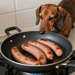 dachshund cooking some sausages on a pan