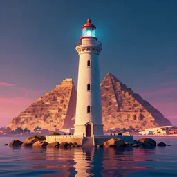 the lighthouse of alexandria, retrowave art, artstation, volumetric light, high detail, reflections, perfect, concept art, hdr, 4 k