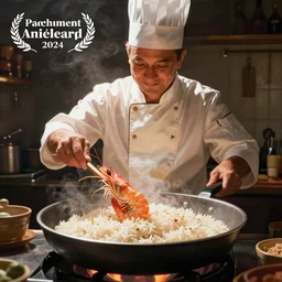 A shrimp chef cooking rice in a pan, digital art