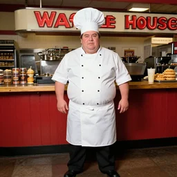 martin short as an overweight line cook at waffle house, 3 5 mm, f / 2. 8, flash photography, full length, full resolution