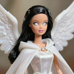 Portrait of Barbie doll, white glowing eyes, black hair, cloak, ethereal wings, male, fantasy, extremely detailed, digital painting, artstation, concept art, smooth, sharp focus, illustration, stunning lighting, art by artgerm and greg rutkowski and alphonse mucha and simon stalenhag, realistic character concept, high fantasy, light atmosphere, golden ratio, cinematic lighting, hyperdetailed, high resolution, insanely detailed and intricate, artstation, Marc Simonetti, Greg Rutkowski, 8k