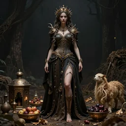 beautiful goddess of feast and famine, full body, ominous, dark background, cinematic shot, realistic, intricate detail, finely detailed, photorealistic, epic, high definition, octane render, 8 k, artstation, midjourney