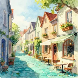 street of teal stone, sunlight and whimsical houses, cafe tables, digital art by artgerm ( watercolor )