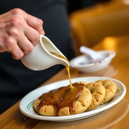 pouring gravy onto a plate of cookies, at a restaurant