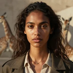 detailed portrait in femininity, realistic face sculpted features, ethnic, exotic, melanin, deep clear eyes, statuesque, gazelle, warm glowing skin, wild hair, collared shirt, charm necklace, jacket, chiaroscuro, tangible, angular impressionism, ambient morning light, arabesque backdrop, contemporary, modern fashion, natural colors