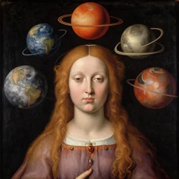 a goddess with planets around her head, early netherlandish painting,