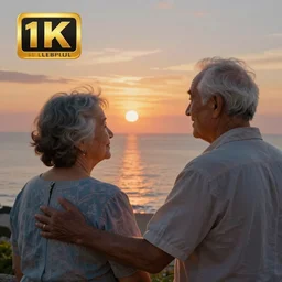 an old man and old woman celebrate their anniversary and life watching the sunrise over the sea, digital art, 4 k, - n 9
