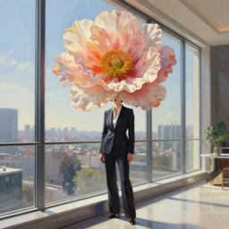 huge flower as head, woman in suit standing by high modern windows, luxury apartment, surreal photography, sunlight, impressionist painting, digital painting, artstation, simon stalenhag