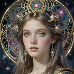 detailed!!! realistic beautiful young groovypunk!!! queen of andromeda galaxy. face portrait. art nouveau, symbolist!!!, visionary!!!, baroque, giant fractal details. horizontal symmetry by zdzisław beksinski, iris van herpen, raymond swanland and alphonse mucha!!!. highly detailed, hyper - real, beautiful