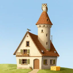 a house with a tower, owl, birds, cheese, lowbrow in the style of mark ryden and fra angelico,