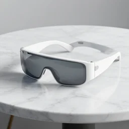 white futuristic glasses layed on a marble table, amazing detail, 8k resolution, studio lighting, 3D model, ray tracing