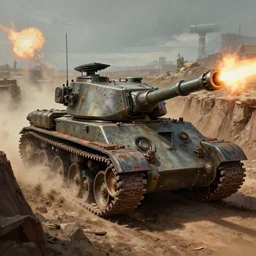 A dieselpunk mega battle tank, crossing a trench while firing it's main canon, matte painting by Greg Rutkowski Raphael Lacoste and John Berkey, realistic, raytracing, trending on Artstation