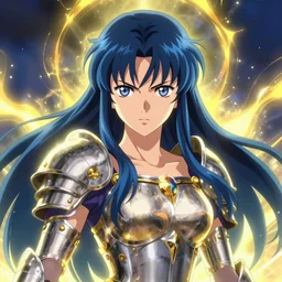 The Godess Hera looking angry, detailed armor, portrait radiating a glowing aura, highly detailed, digital painting, artstation, concept art, smooth, sharp focus, beautiful face, symmetric face, enchanted, official fanart, behance, HD, blue and yellow theme, by Makoto Shinkai
