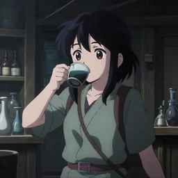 anime visual, portrait of a young female traveler drinking a potion in a alchemist's shop interior, cute face by yoh yoshinari, katsura masakazu, cinematic lut, cool studio lighting, dynamic pose, dynamic perspective, strong silhouette, anime cels, ilya kuvshinov, cel shaded, crisp and sharp, rounded eyes, moody