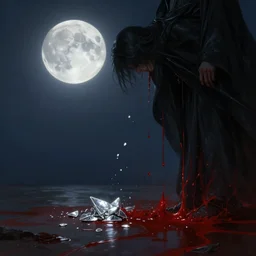 beneath the moonlight glints a tiny fragment of silver, a fraction of a line... ( black robes, falling )... blood spills out in litres, and someone screams a word., fantasy, intricate, cinematic lighting, highly detailed, digital painting, artstation, concept art, smooth, sharp focus, illustration, art by artgerm and greg rutkowski and alphon