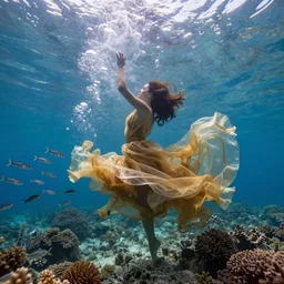 underwater photo of a woman dancing and spinning underwater in a blur of color wearing a long dress made of many layers of translucent golden fabrics flowing in the fast current, coral sea bottom, swirling schools of silver fish, bubbles, swirling smoke shapes, octane render, bright caustic lighting from above, cinematic film look