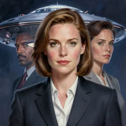 portrait of young gillian anderson as dana scully, from x - files ( 1 9 9 3 ), in a business suit. ufo in background. beautiful, lithe, suit. painted by chris achilleos and boris vallejo, beautiful woman, detailed, realistic portrait, symmetrical, highly detailed, digital painting, artstation, concept art, smooth, sharp focus, illustration, cinematic lighting, 8 k resolution