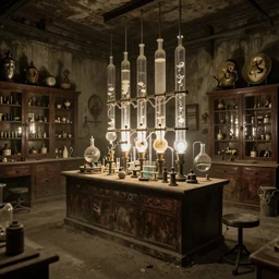 a vast and dusty old creepy mad occult lab, test tubes and bubbling interconnected glass tubes backlit, walls lined with apothecary cabinets, curiosities and retired sideshow attractions