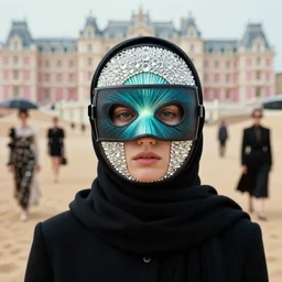 a film still of a girl wearing black scarf and crystal wormhole turquoise vibrational radio vhs color rays helmet mask in porcelain sand dunes feature in vogue and gq editorial fashion photography beautiful eyes, close up shot, haute couture dresses in givenchy and salvatore ferragamo, cannon ef 1 0 5 mm f 2. 8 in the grand budapest hotel