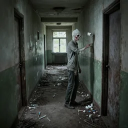 security camera image of slenderman caught in the hallway of a rotting abandoned mental institution, syringes and medicine cups litter the dirty ground