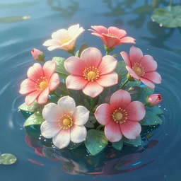 flowers, luminous water, realism, redshift rendering, blender, super detail, lifelike, 8 k, masterpiece, functional, art station, extreme long shot, by card ghibli