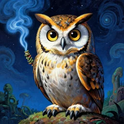 an owl smoking weed, psychedelic cartoon art, 8 0's japanese manga, trippy night sky owl smoking weed, the smoke is blue, masterpiece art, hyper detailed, johannes vermeer art