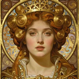 realistic detailed face portrait of a beautiful young medieval queen by Alphonse Mucha, Greg Hildebrandt, and Mark Brooks, gilded details, spirals, Neo-Gothic, gothic, Art Nouveau, ornate medieval religious icon