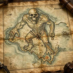 old torn treasure map showing the treasure of skull island, pirates treasure map, high detail, high res, hyperrealistic,