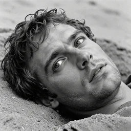 1 9 6 0 s movie still close up of marcus atilius regulus'face with the eyes wide open and ripped off eyelid, his body buried in the sand, cinestill 8 0 0 t 3 5 mm b & w, high quality, heavy grain, high detail, texture, dramatic light, anamorphic, hyperrealistic, detailed hair