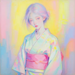 beautiful acrylic painting by ren hang and yuyuko takemiya, vibrant neon pastel, beautiful young wan pale thin girl wearing a yukata
