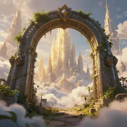 overgrown ruined metal archway into a magical cloud city, beautiful, intricate, detailed, golden light, 3 d animated movie frame, 8 k