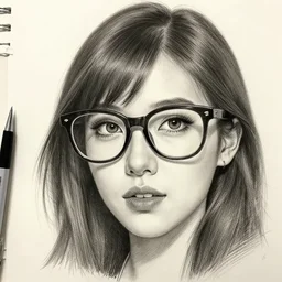highly detailed realistic pencil sketch portrait of a beautiful woman with big nerd hipster eyeglasses