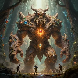 arcane fantasy art giant golem elemental wood rock bastion forged gemstone enchanted forest troll, global illumination ray tracing hdr fanart arstation by sung choi and eric pfeiffer and gabriel garza and casper konefal lisa frank zbrush central hardmesh radiating a glowing aura