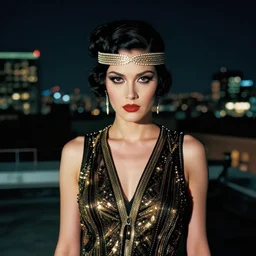 in the style of joshua middleton, clay mann, artgerm, elektra marvel comics 1 9 2 0 s flapper, symmetrical eyes, on a rooftop, night time, cinematic lighting