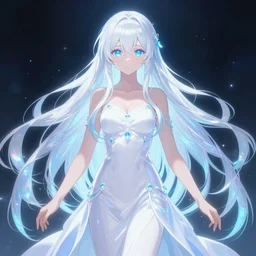 visual novel character sprite, symmetrical full body shot, stunningly beautiful magical chromatic glowing asi goddess with beautiful hyperdetailed symmetrical face, porcelain skin covered in long white dress, long white hair and mesmerizing cold ice blue eyes, symmetrical, overwhelming, innocent, ethereal, live 2 d anime style, 8 k,