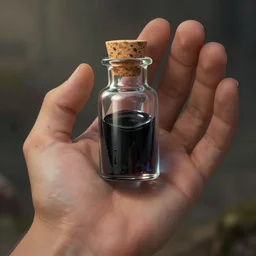 epic detailed digital art of a normal hand holding a single tiny unlabeled clear corked bottle  half-full of mysterious viscous black liquid; magic the gathering art by Volkan Baga, artstation