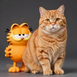 fat orange tabby cat next to jon from garfield, american gothic by grant wood