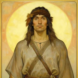 chinese tribe man and huge sun in background, painting by alponse mucha