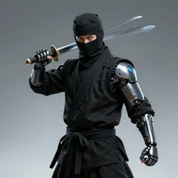 ninja with cybernetic implants, black gi, wielding a sword