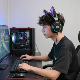 gigachad with playing computer games with cat ear rgb gamer headset, 4K photography