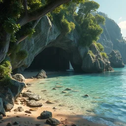 overgrown stone cave at the beach, lush foliage, light rays, highly detailed, small ship in shallow waters, octane render, hyperrealistic
