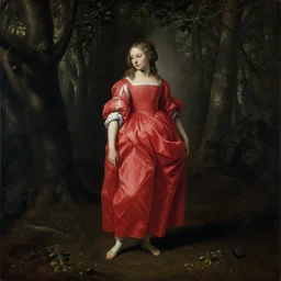 a baroque painting of a girl wearing red lost in the dark woods, 1 9 7 0 s, seventies, wallpaper, delicate embellishments, painterly, offset printing technique, by brom, robert henri, walter popp