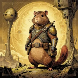 a battle ready anthropomorphic rodent with ornate tactical gear on an abandonment otherworldly planet, high intricate details, long shot, rule of thirds, golden ratio, graphic novel by fiona staples and dustin nguyen, by beaststars and orange, peter elson, alan bean, studio ghibli, makoto shinkai