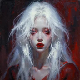 brutalist ambient atmospheric demon evil beautiful girl with white hair oil painting portrait, symbolic, volumetric lighting, award - winning, perfection, ambitious, ambient occlusion, vibrant, 4 k hd, grainy,