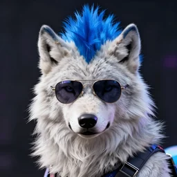 White Wolf, blue mohawk hairstyle, aviator sunglasses, synthwave style, portrait, artstation, detailed, award winning, furry, award winning,