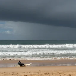 panoramic image of a beach scene, surfers relaxing after a fun day of surfing