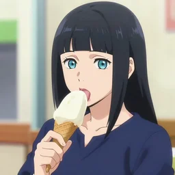 Hinata Hyuga licking an ice cream, Greg Rutkowski, eyes looking at the camera