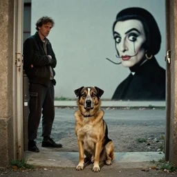 the dog who waits outside, film still from the movie directed by denis villeneuve and david cronenberg with art direction by salvador dali and zdzisław beksinski, wide lens