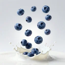 many blueberries falling, white milk splashes, advertising photo, highspeed photo, studio lighting